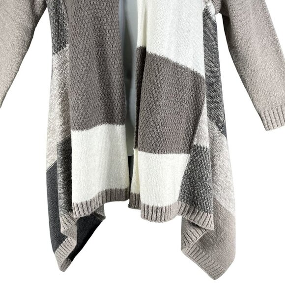 Chicos Womens M Patchwork Open Front Asym Cardigan Sweater Neutral Color Block - Picture 7 of 14